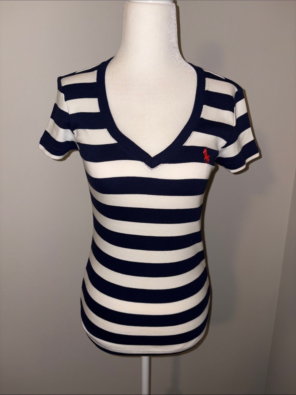 Ralph Lauren Navy and White Striped V-Neck Short Sleeve Tee with Orange Pony